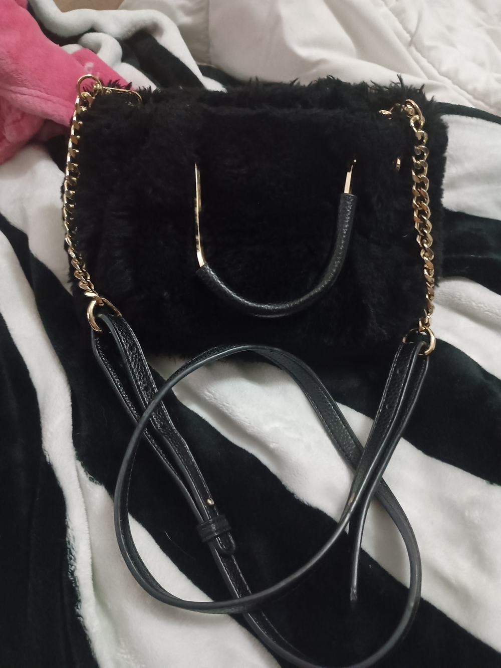 Isaac Mizrahi Black Faux-Fur Crossbody Bag with Gold Chain